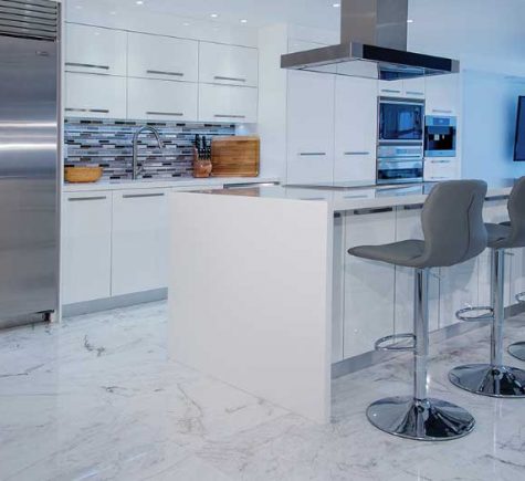 Arctic Snow Quartz Kitchen Countertop and White Himalaya Spider Marble Floors